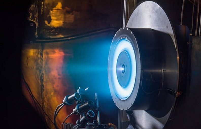 A Hall ion thruster, similar to the one under development by Aerospace Rocketdyne