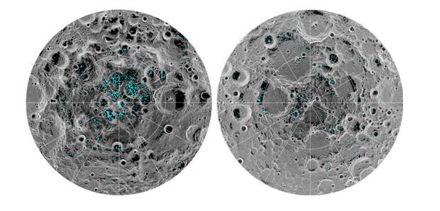 The image shows the distribution of surface ice at the Moon's south pole (left) and north pole (right), detected by NASA's Moon 
