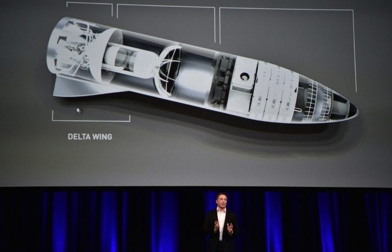 Billionaire entrepreneur and founder of SpaceX Elon Musk, pictured in September 2017 speaking below a computer generated illustration of his new rocket, says he wants to enable space travel for "everyday people"