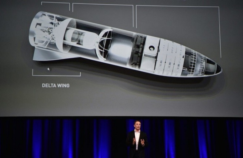 Billionaire entrepreneur and founder of SpaceX Elon Musk, pictured in September 2017 speaking below a computer generated illustration of his new rocket, says he wants to enable space travel for "everyday people"
