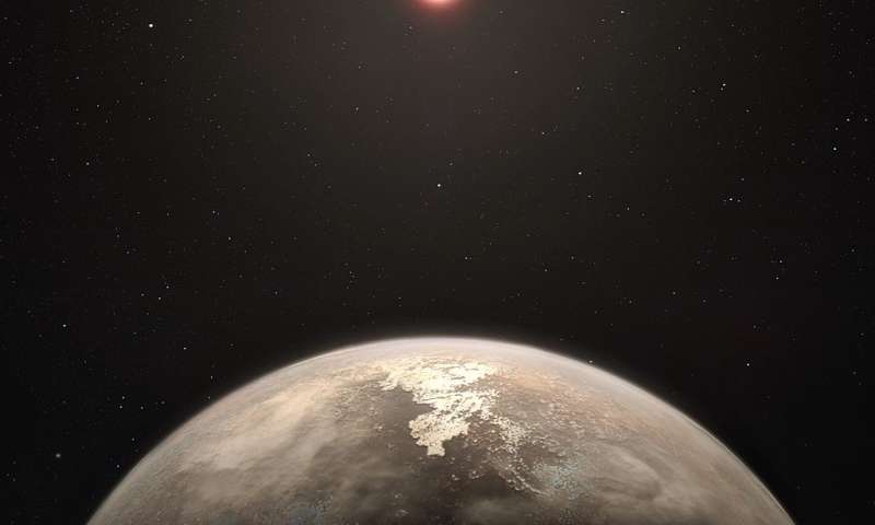 Artist’s impression of a habitable exoplanet orbiting a red dwarf star. The habitability of the planets of red dwarf stars is conjectural.