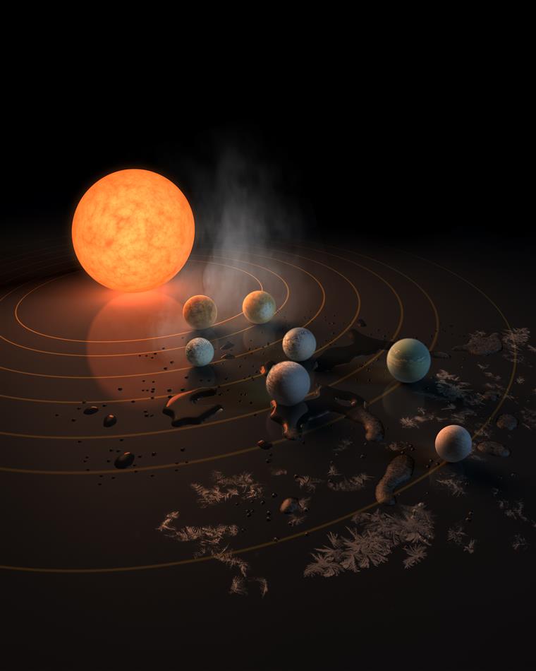 The TRAPPIST-1 star, an ultra-cool dwarf, has seven Earth-size planets orbiting it. This artist’s concept appeared on the cover of the journal Nature on Feb. 23, 2017.