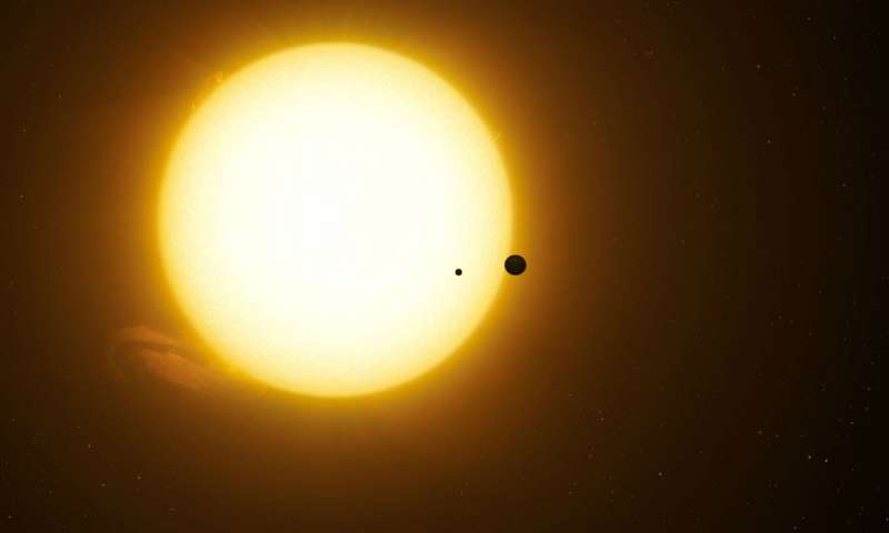 Artist’s impression of the exoplanet Kepler-1625b transiting the star with the candidate exomoon in tow.