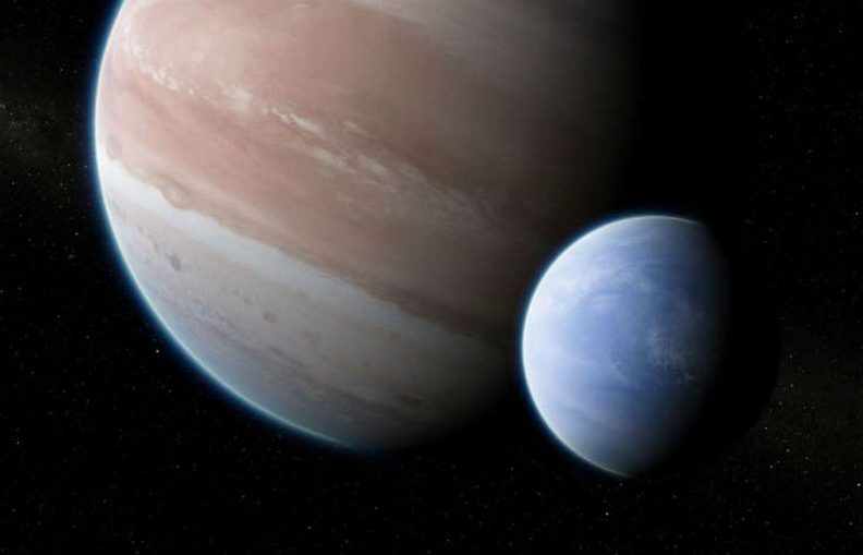 Artist's impression of the exoplanet Kepler-1625b, transiting the star, with the candidate exomoon in tow.
