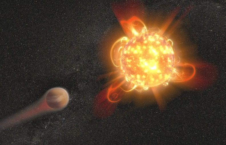 An artist's rendering of a red dwarf star, which could sterilize exoplanets with its intense radiation and frequent strong flares
