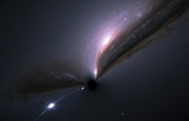 A supernova (bright spot at lower left) and its host galaxy (upper center), as they would appear if gravitationally lensed by an intervening black hole (center).