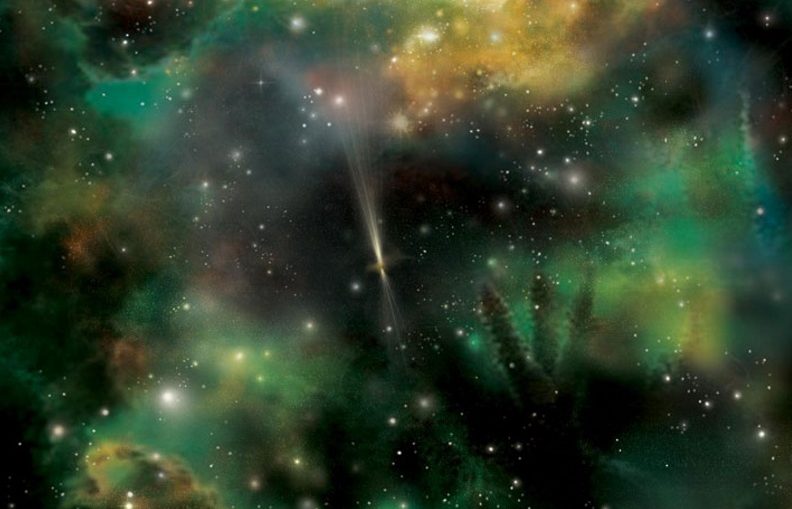 Gamma rays bursting from distant galaxies, like the one shown in the center of this artist’s illustration, can illuminate the diffuse light, called extragalactic background light, that manages escape its dusty environs.