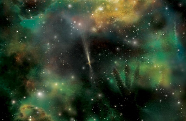 Gamma rays bursting from distant galaxies, like the one shown in the center of this artist’s illustration, can illuminate the diffuse light, called extragalactic background light, that manages escape its dusty environs.