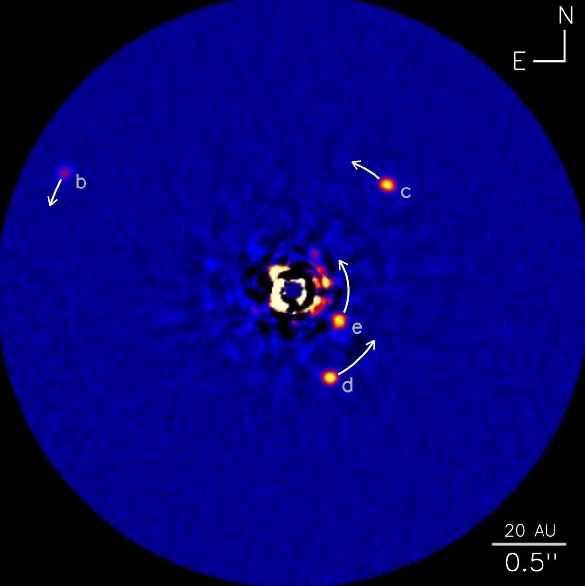 The HR 8799 system contains the first exoplanet be directly imaged. 