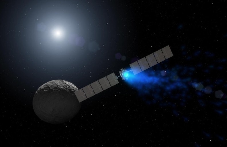 Artist's concept showing Dawn arriving at the dwarf planet Ceres