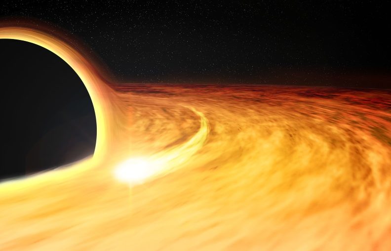 This artist's impression shows hot gas orbiting in a disk around a rapidly-spinning black hole. The elongated spot depicts an X-ray-bright region in the disk, which allows the spin of the black hole to be estimated.