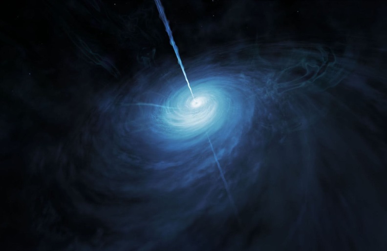 An artist's rendering of the quasar J043947.08+163415.7, the brightest known quasar with the luminosity of 600 trillion Suns