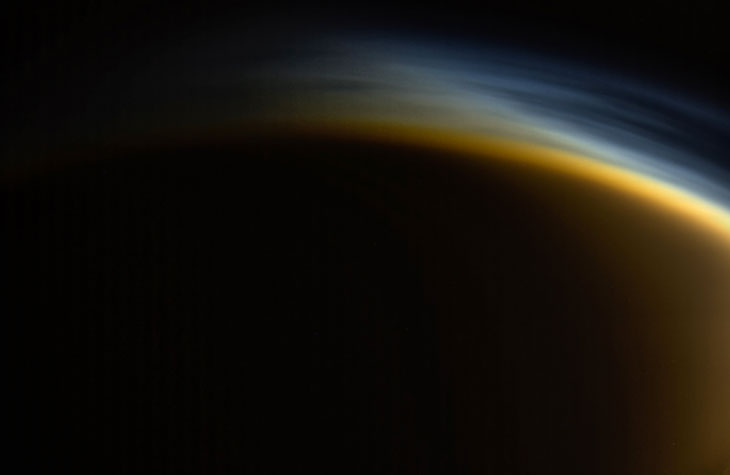 FROM THE INSIDE OUT Titan’s atmosphere (individual layers of haze shown in this image from the Cassini spacecraft) is made mostly of nitrogen.