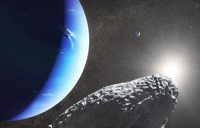 CHIP OFF THE OLD BLOCK A massive collision that left Neptune’s second largest moon, Proteus (as seen in the background of this illustration) with a huge crater may have spawned its smallest moon, Hippocamp (foreground).