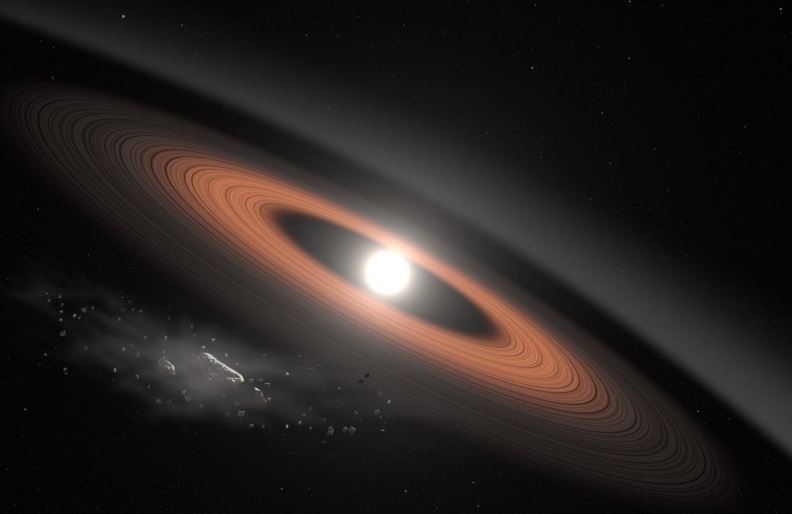 An illustration of the newly discovered white dwarf and its ring system
