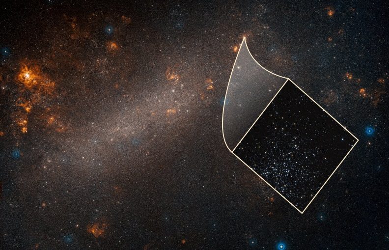 Ground-based telescope's view of the Large Magellanic Cloud, a satellite galaxy of our Milky Way. The inset image, taken by the Hubble Space Telescope, reveals one of many star clusters scattered throughout the dwarf galaxy.