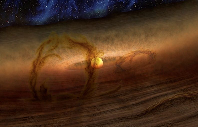 Magnetic loops carry gas and dust above disks of planet-forming material circling stars, as shown in this artist's conception.