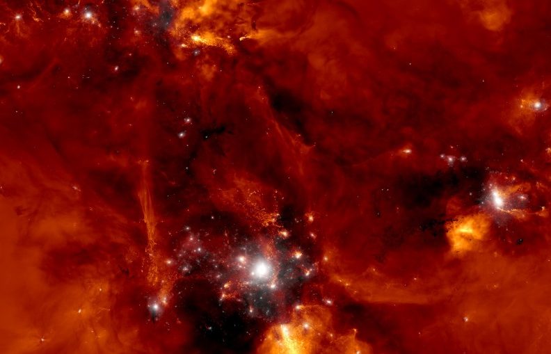 Computer simulation of the formation of a proto-cluster of galaxies. Supermassive black holes may have had an important role in the formation of these structures in the early Universe.