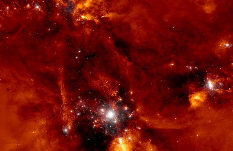 Computer simulation of the formation of a proto-cluster of galaxies. Supermassive black holes may have had an important role in the formation of these structures in the early Universe.