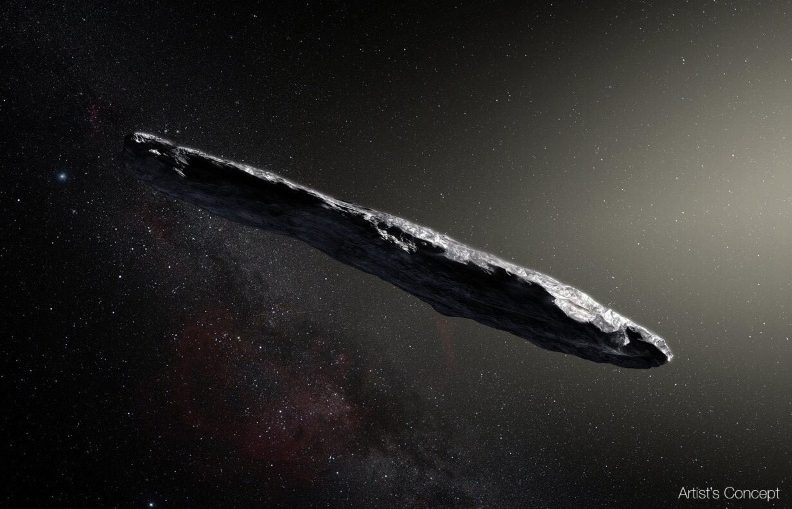In this artist's concept, the interstellar object 'Oumuamua is depicted as a cigar-shaped body. A new analysis strongly suggests that 'Oumuamua has a natural origin and is not an alien spacecraft.