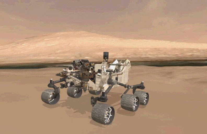 A 3D virtual model of Curiosity is shown inside Gale Crater on Mars.