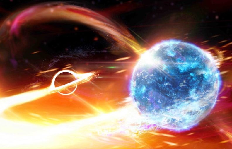 An artist's rendition of a black hole beginning to devour a neutron star