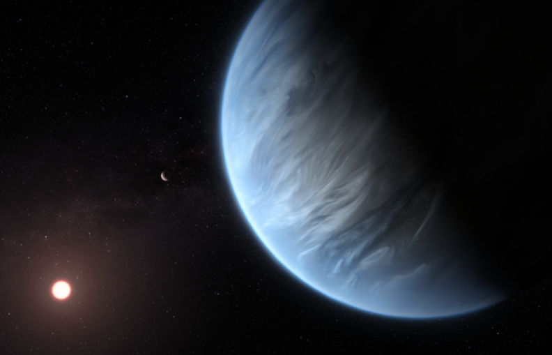 An artist’s impression of the planet K2-18 b, its red dwarf host star, and another accompanying planet in the system.