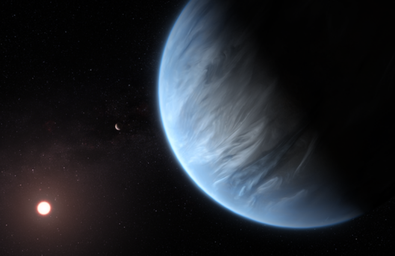 An artist’s impression of the planet K2-18 b, its red dwarf host star, and another accompanying planet in the system.