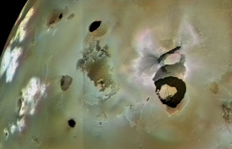 Loki Patera, an active lava lake, is the large shield-shaped black feature in this image of Jupiter's moon, Io.