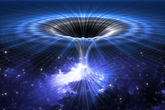Artist's concept of a wormhole. If wormholes exist, they might lead to another universe. But, there's no evidence that wormholes are real or that a black hole would act like one. 