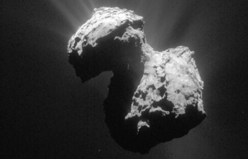 This single frame Rosetta navigation camera image of Comet 67P/Churyumov-Gerasimenko was taken on 7 July 2015 from a distance of 154 km from the comet centre.
