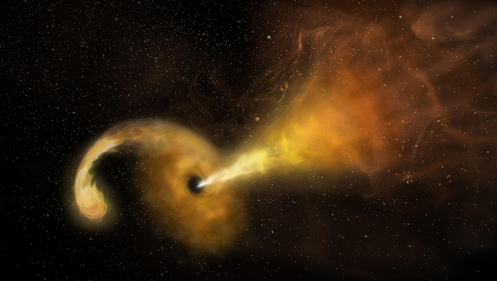 Artist's impression of a tidal disruption event which occurs when a star passes too close to a supermassive black hole.
