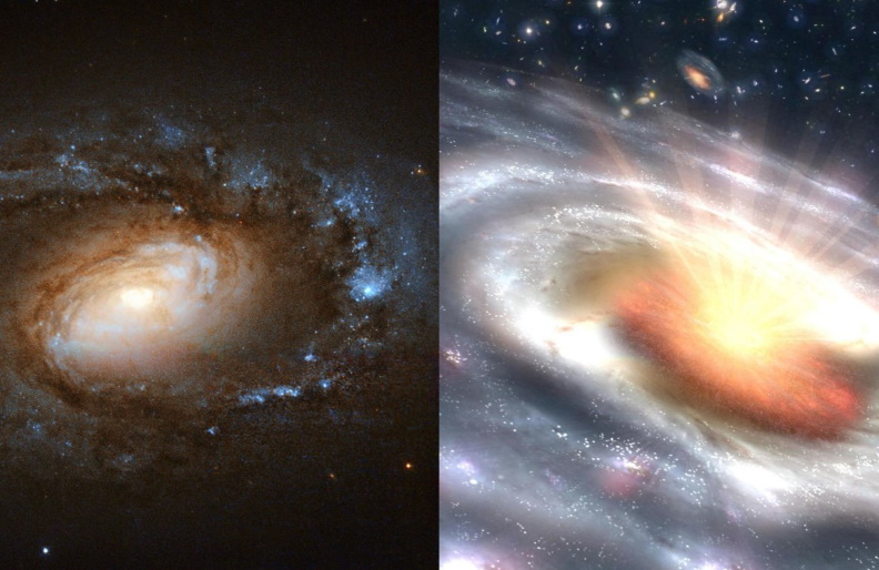 Astronomers have spotted fairly quiet, LINER galaxies (left) fire up into quasars (right) in a matter of months