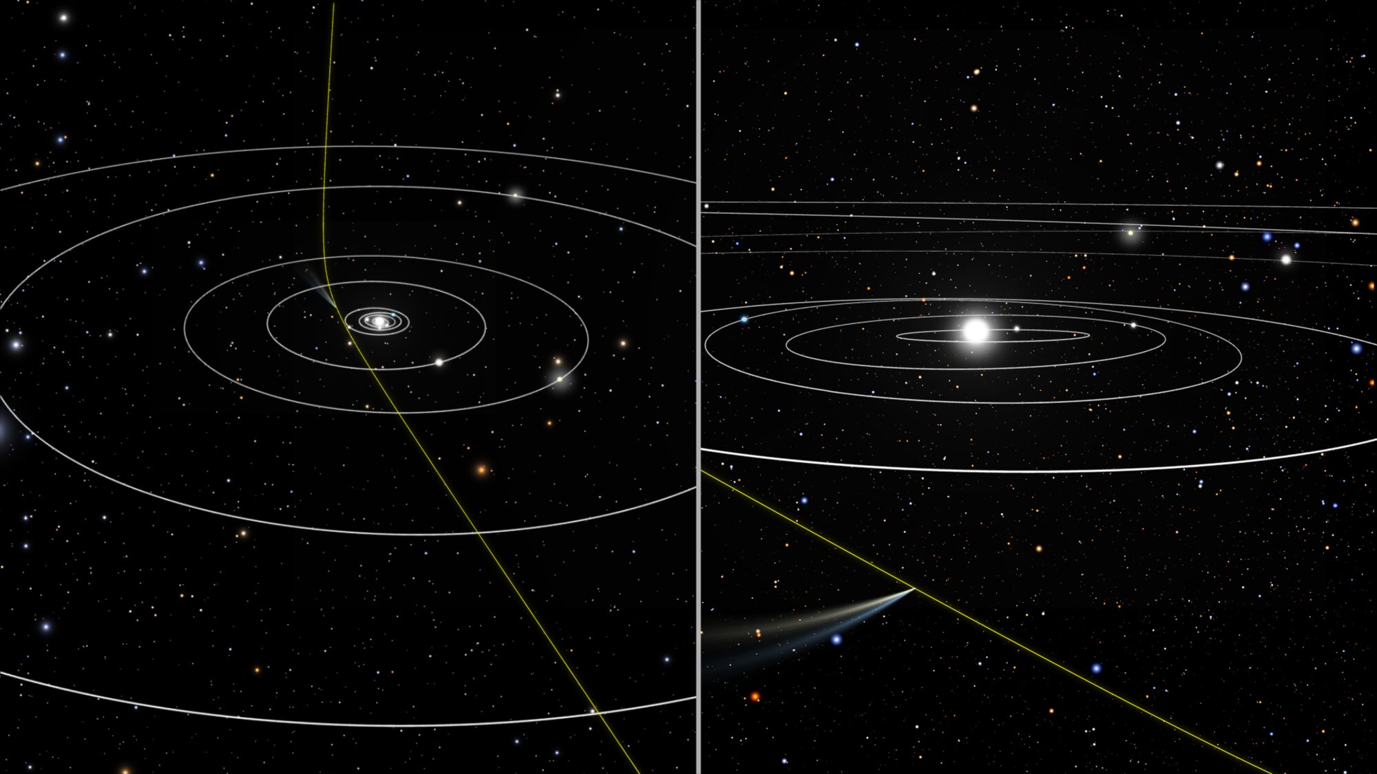 This illustration shows the path of comet 2I/Borisov through our solar system. This visitor came from interstellar space along a hyperbolic trajectory. It is only the second known intruder to zoom through our solar system. (The interstellar object 'Oumuamua was detected in 2017.) As the graphic shows, the comet's straight path across interstellar space is slightly deflected by the gravitational pull of our Sun. The comet is traveling so fast, at 110,000 miles per hour, it will eventually leave the solar system. The panel on the right shows the comet's position relative to Earth when the Hubble Space Telescope observed it on October 12, 2019, when the comet was 260 million miles from Earth. The background star field in the left panel is the constellation Eridanus. The background field in the right panel is the constellation Sagittarius. 