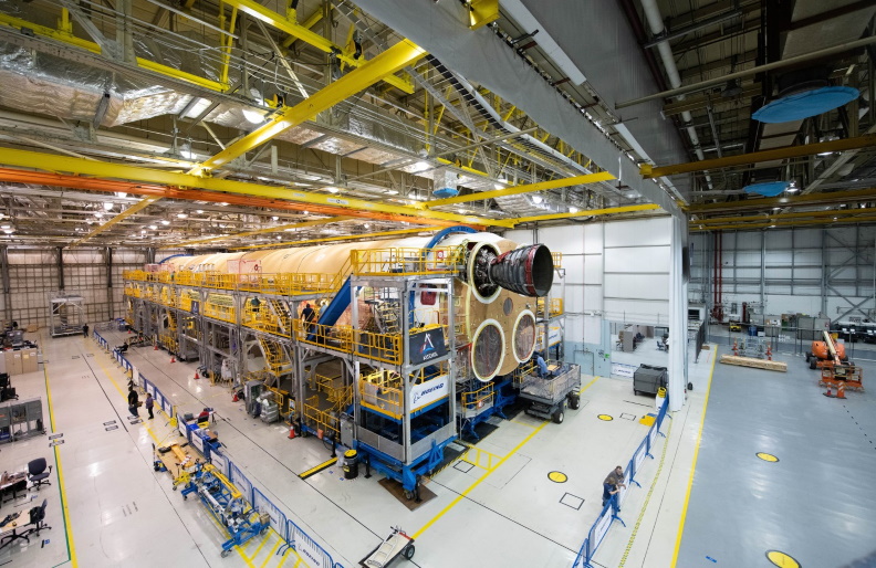 The Artemis I SLS core stage mated with the first of four refurbished Space Shuttle-era engines