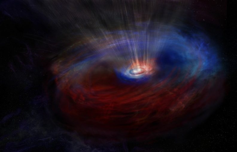 An artist's impression of the galaxy NGC 1068, where blue represents material moving towards us and red is that moving away