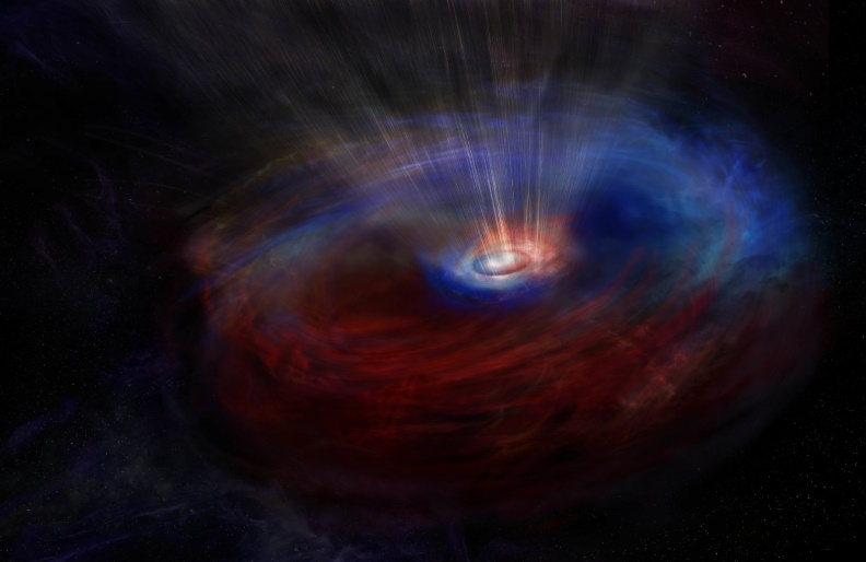 An artist's impression of the galaxy NGC 1068, where blue represents material moving towards us and red is that moving away
