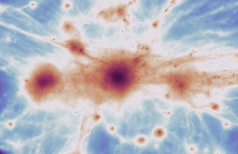 A massive galaxy cluster from the simulation, with filaments.