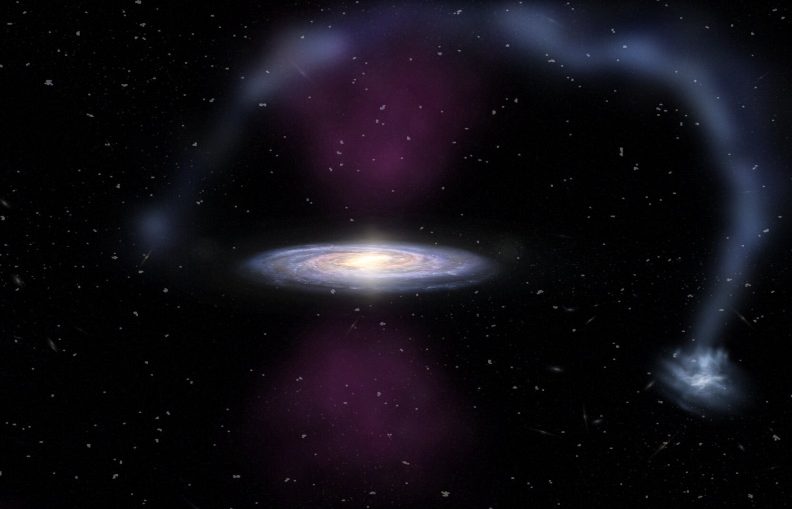 An artist's impression of the massive bursts of ionizing radiation exploding from the center of the Milky Way and impacting the Magellanic Stream.