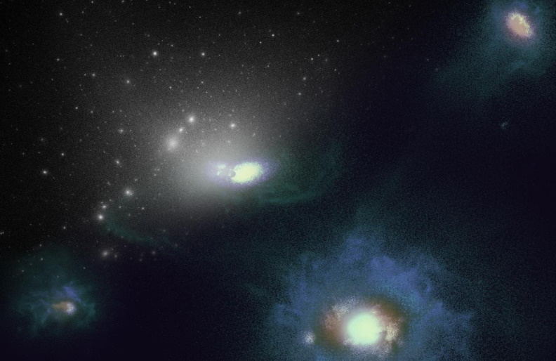 Visualization of the simulations used in the study. Top left shows dark matter in white. Bottom right shows a simulated Large Magellanic Cloud-like galaxy with stars and gas, and several smaller companion galaxies.