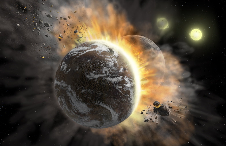 Artist’s concept illustrating a catastrophic collision between two rocky exoplanets in the planetary system BD +20 307, turning both into dusty debris. Ten years ago, scientists speculated that the warm dust in this system was a result of a planet-to-planet collision. Now, SOFIA found even more warm dust, further supporting that two rocky exoplanets collided. This helps build a more complete picture of our own solar system’s history. Such a collision could be similar to the type of catastrophic event that ultimately created our moon.