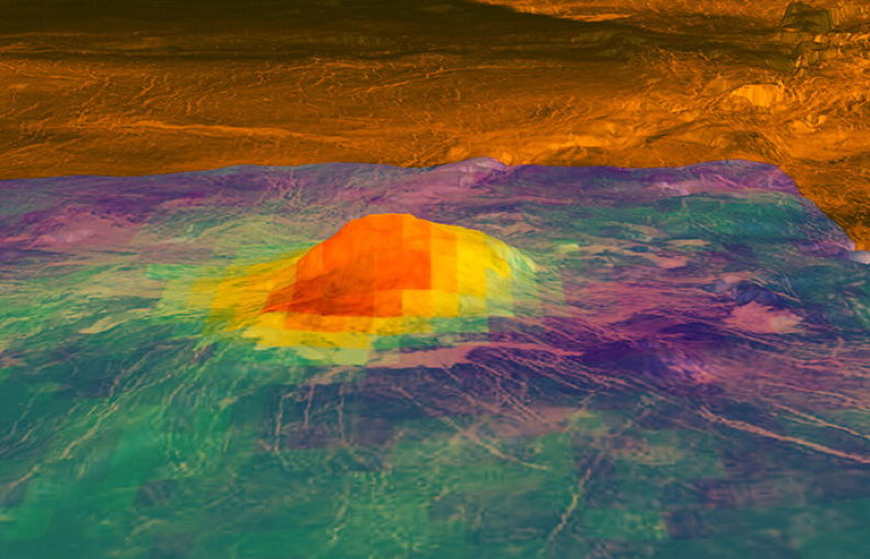 This figure shows the volcanic peak Idunn Mons (at 46 degrees south latitude, 214.5 degrees east longitude) in the Imdr Regio area of Venus. The colored overlay shows the heat patterns derived from surface brightness data collected by the Visible and Infrared Thermal Imaging Spectrometer (VIRTIS), aboard the European Space Agency's Venus Express spacecraft.